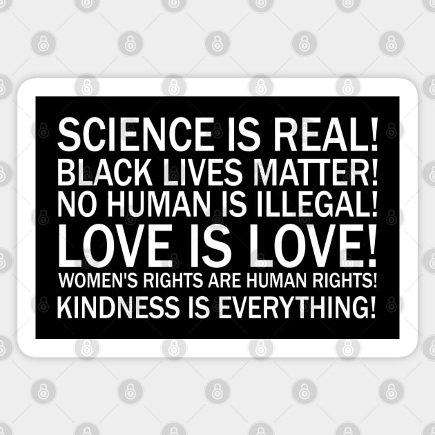 Science is real! Black lives matter! No human is illegal! Love is love! Women's rights are human rights! Kindness is everything! Sticker by valentinahramov